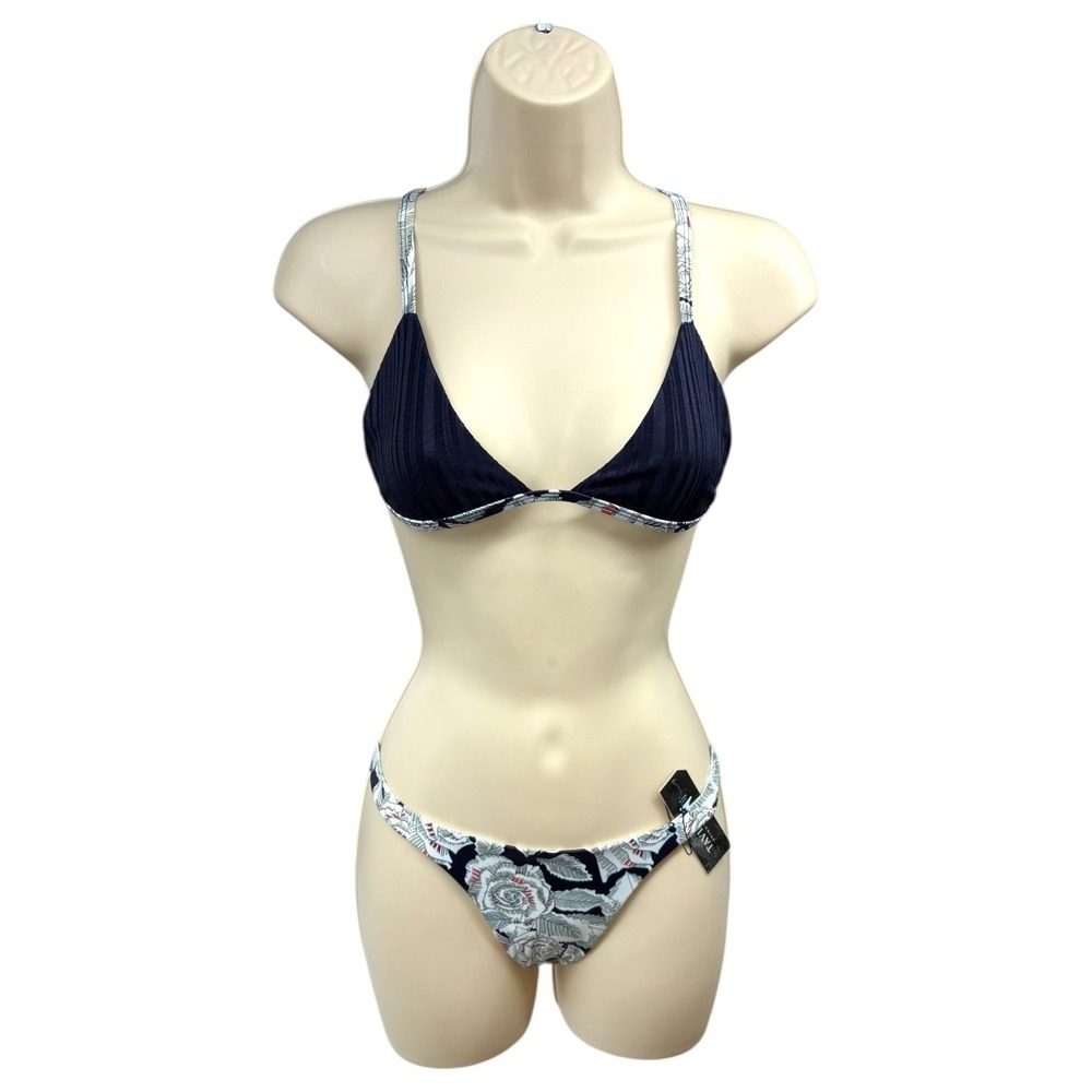 Tavik Honey Evening Blue Ribbed Triangle Bikini Set Floral Bottoms S NWT